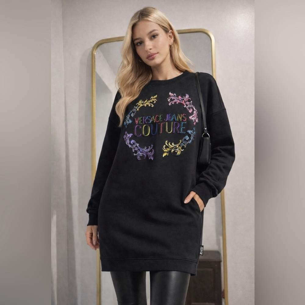 Versace Jeans Couture Baroque Logo Sweatshirt Dress Size Small Longline